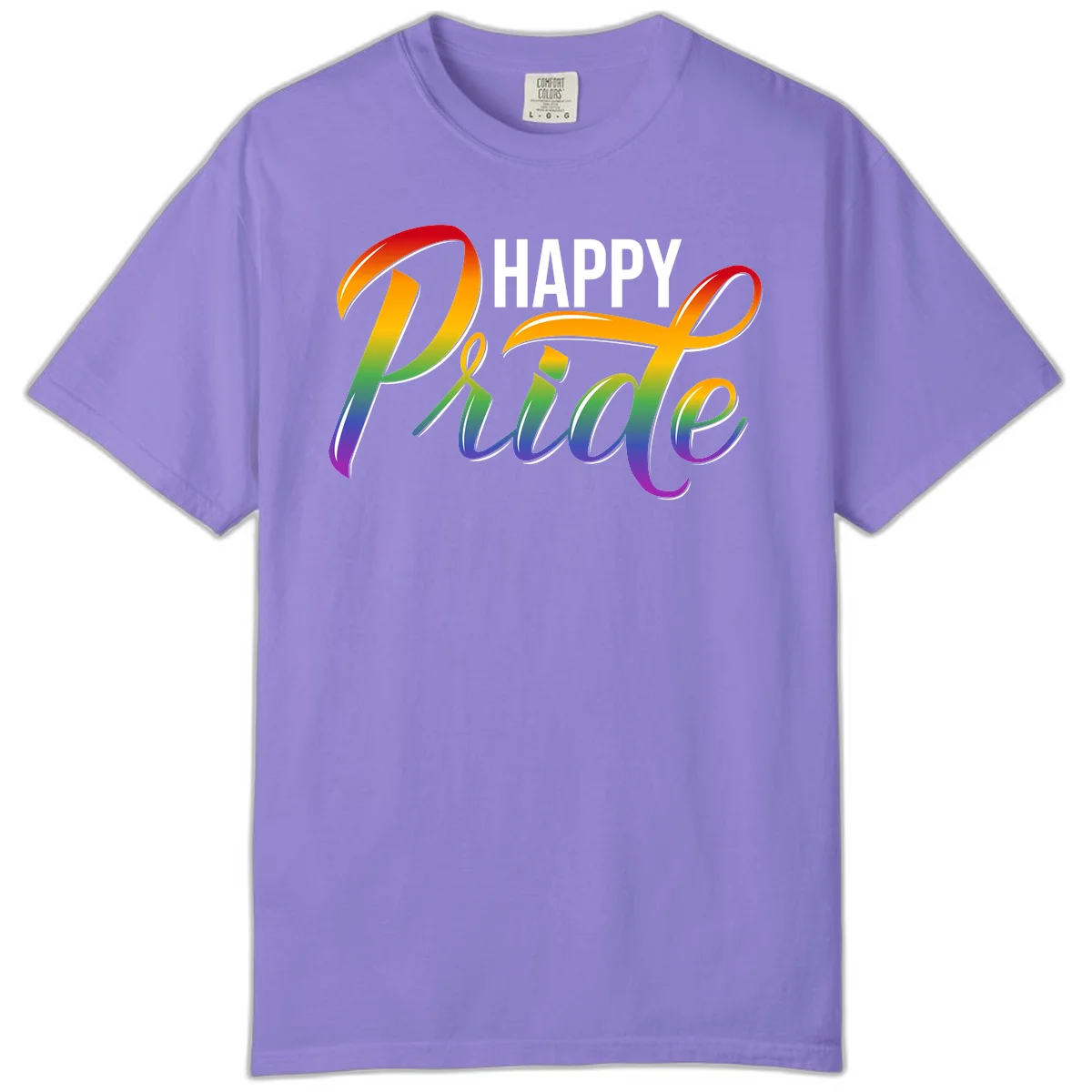 Happy Pride rainbow gradient typography design with white outlines on gray background in Violet