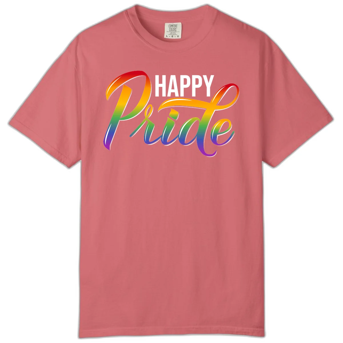 Happy Pride rainbow gradient typography design with white outlines on gray background in Watermelon