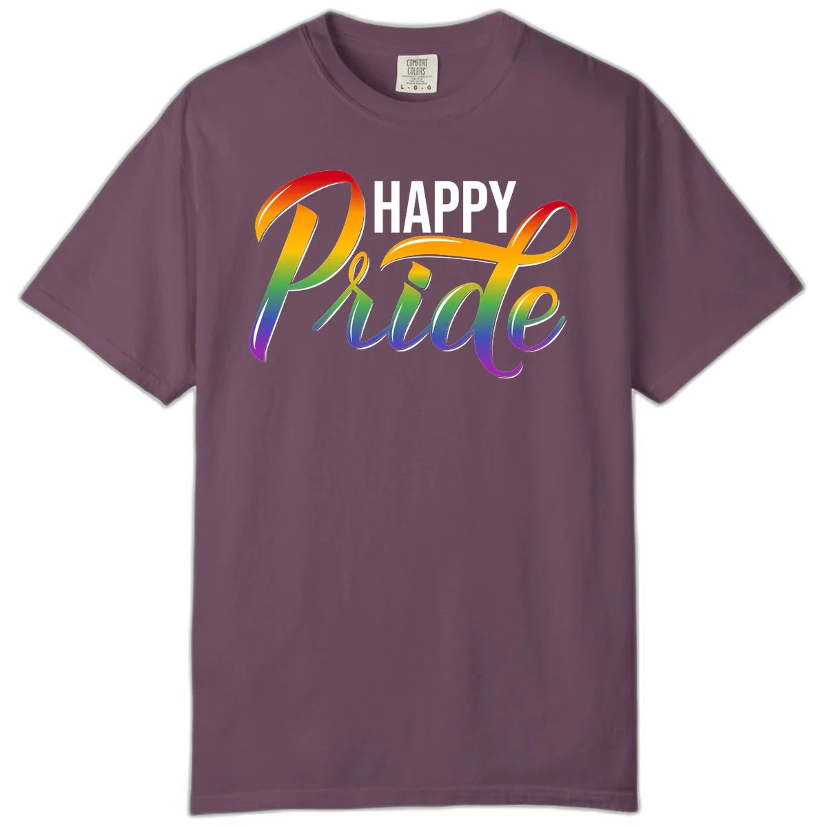 Happy Pride rainbow gradient typography design with white outlines on gray background in Berry