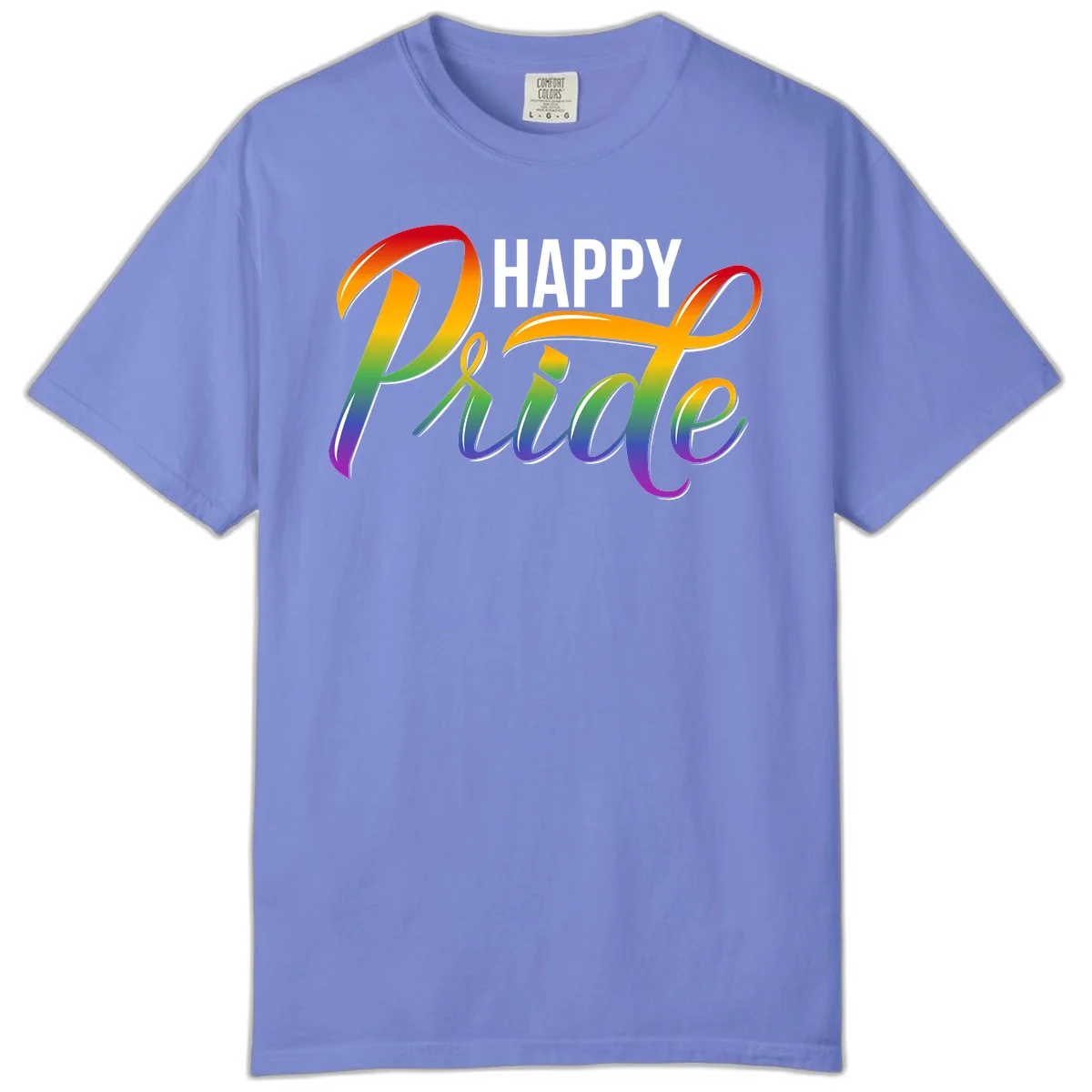 Happy Pride rainbow gradient typography design with white outlines on gray background in Flo Blue