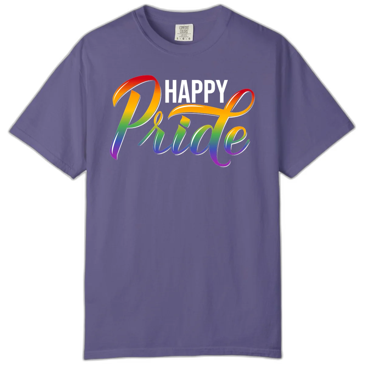 Happy Pride rainbow gradient typography design with white outlines on gray background in Grape