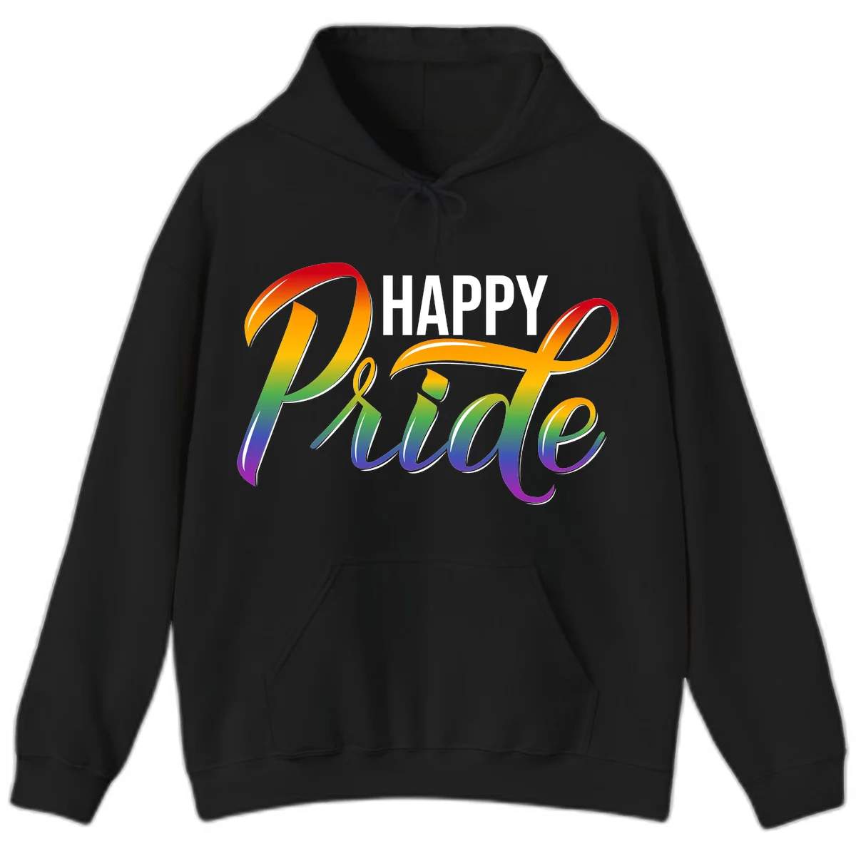 Happy Pride rainbow gradient typography design with white outlines on gray background in Black