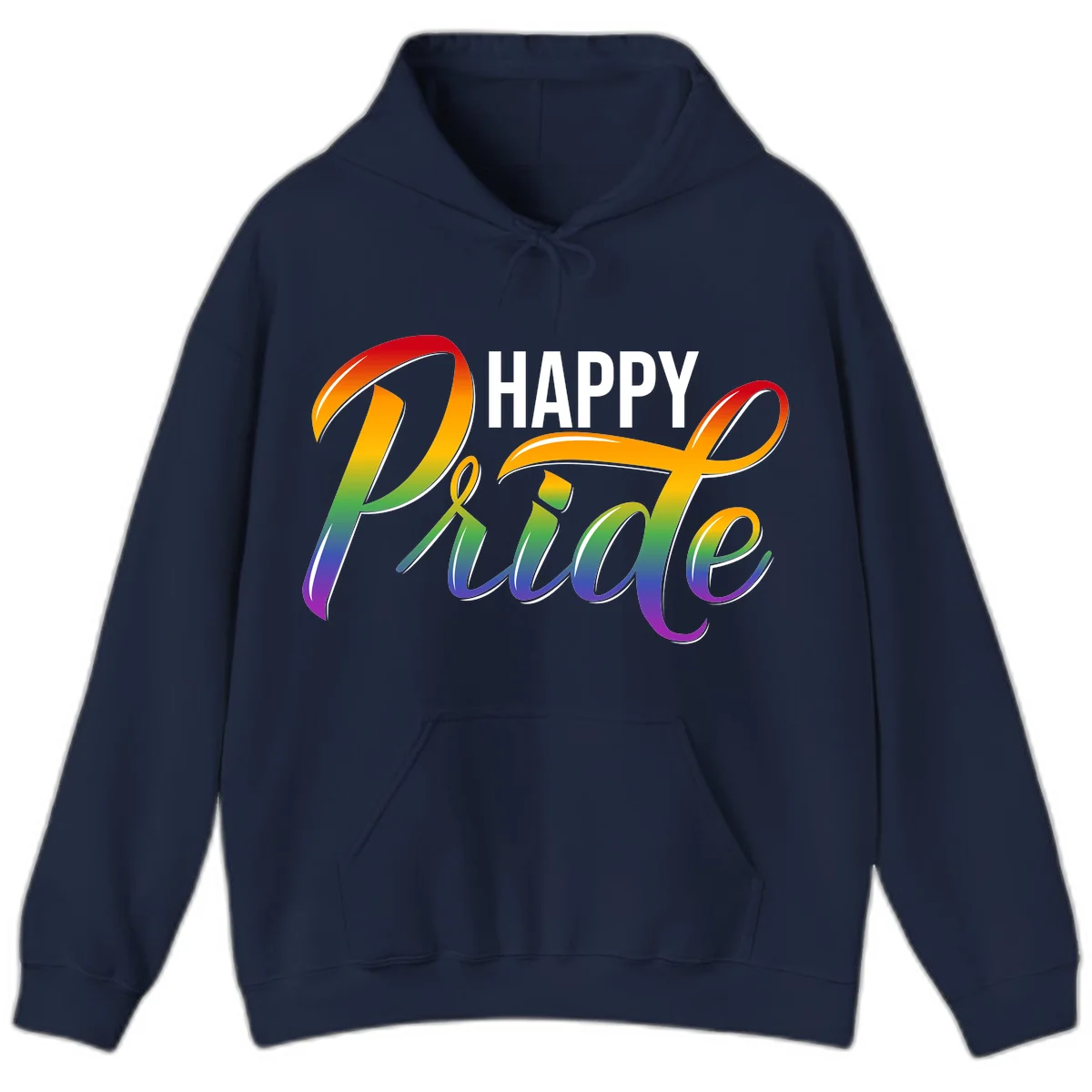 Happy Pride rainbow gradient typography design with white outlines on gray background in Navy