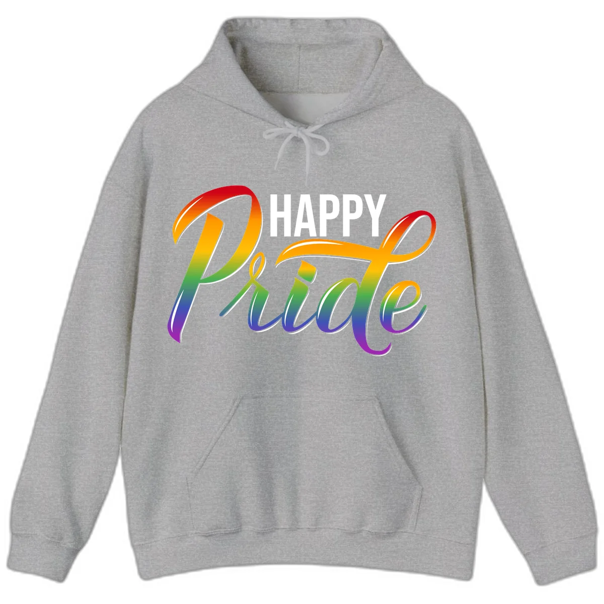 Happy Pride rainbow gradient typography design with white outlines on gray background in Sport Grey