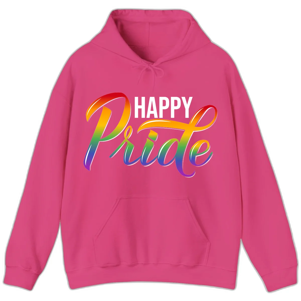 Happy Pride rainbow gradient typography design with white outlines on gray background in Heliconia
