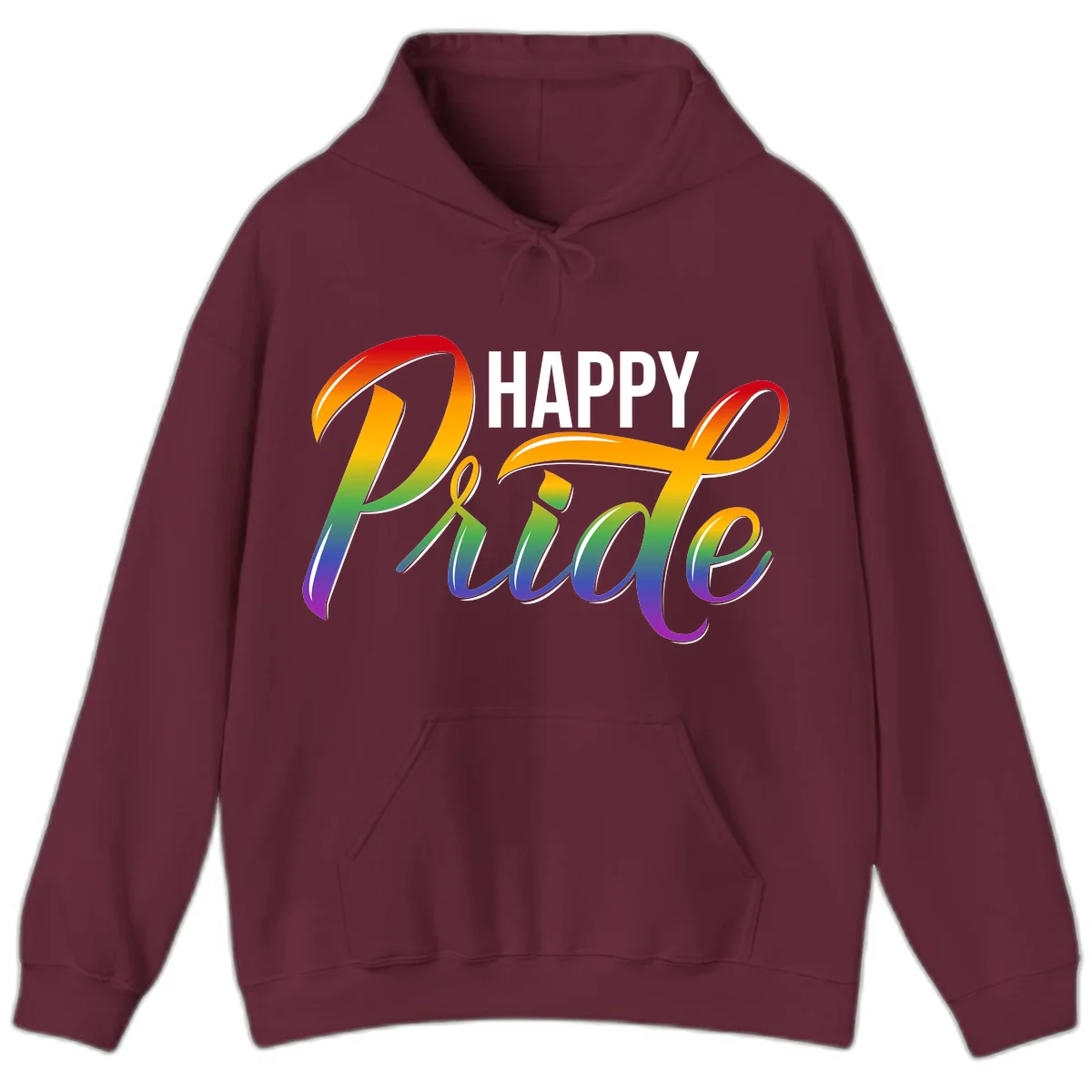 Happy Pride rainbow gradient typography design with white outlines on gray background in Maroon
