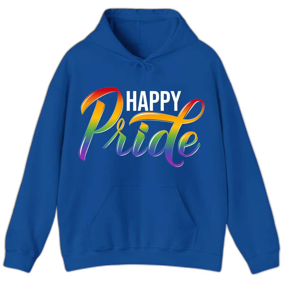 Happy Pride rainbow gradient typography design with white outlines on gray background in Royal