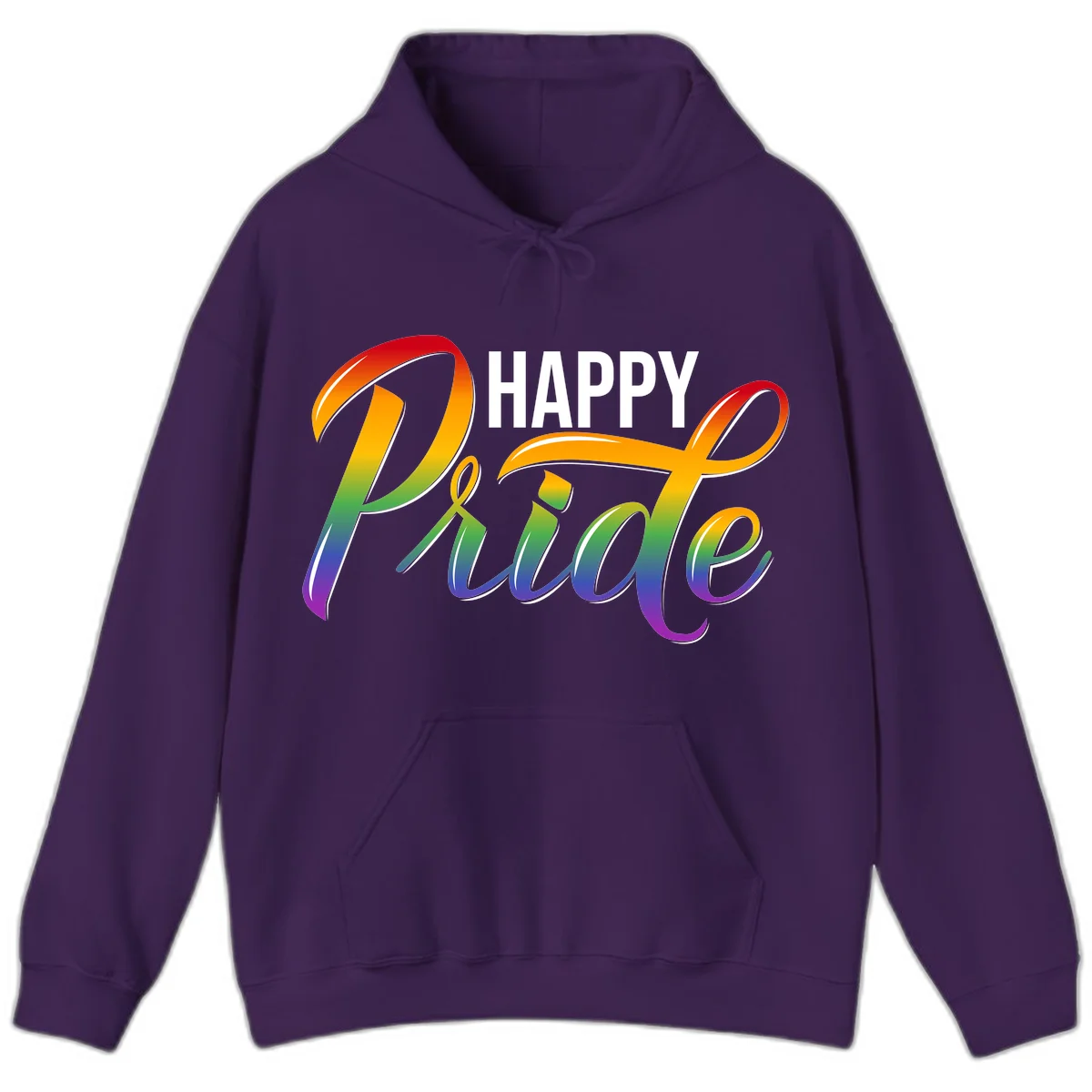 Happy Pride rainbow gradient typography design with white outlines on gray background in Purple