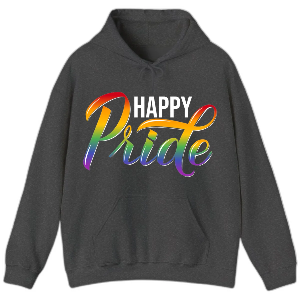 Happy Pride rainbow gradient typography design with white outlines on gray background in Dark Heather