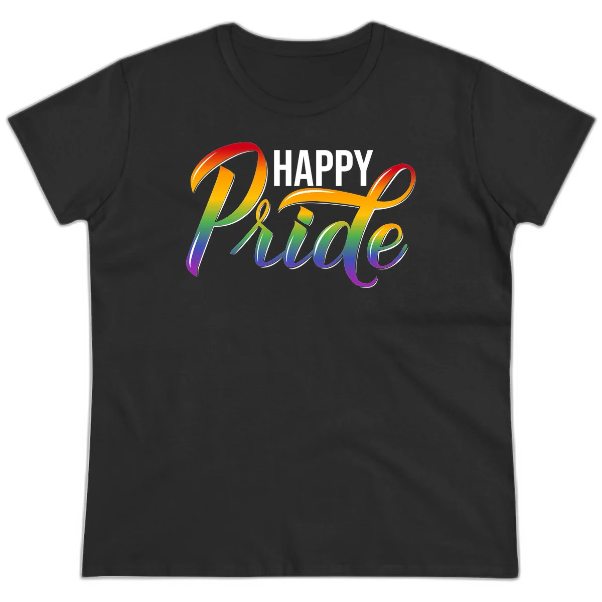 Happy Pride rainbow gradient typography design with white outlines on gray background in Black