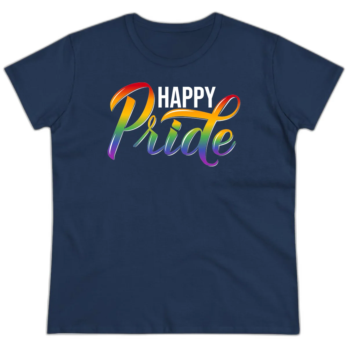 Happy Pride rainbow gradient typography design with white outlines on gray background in Navy