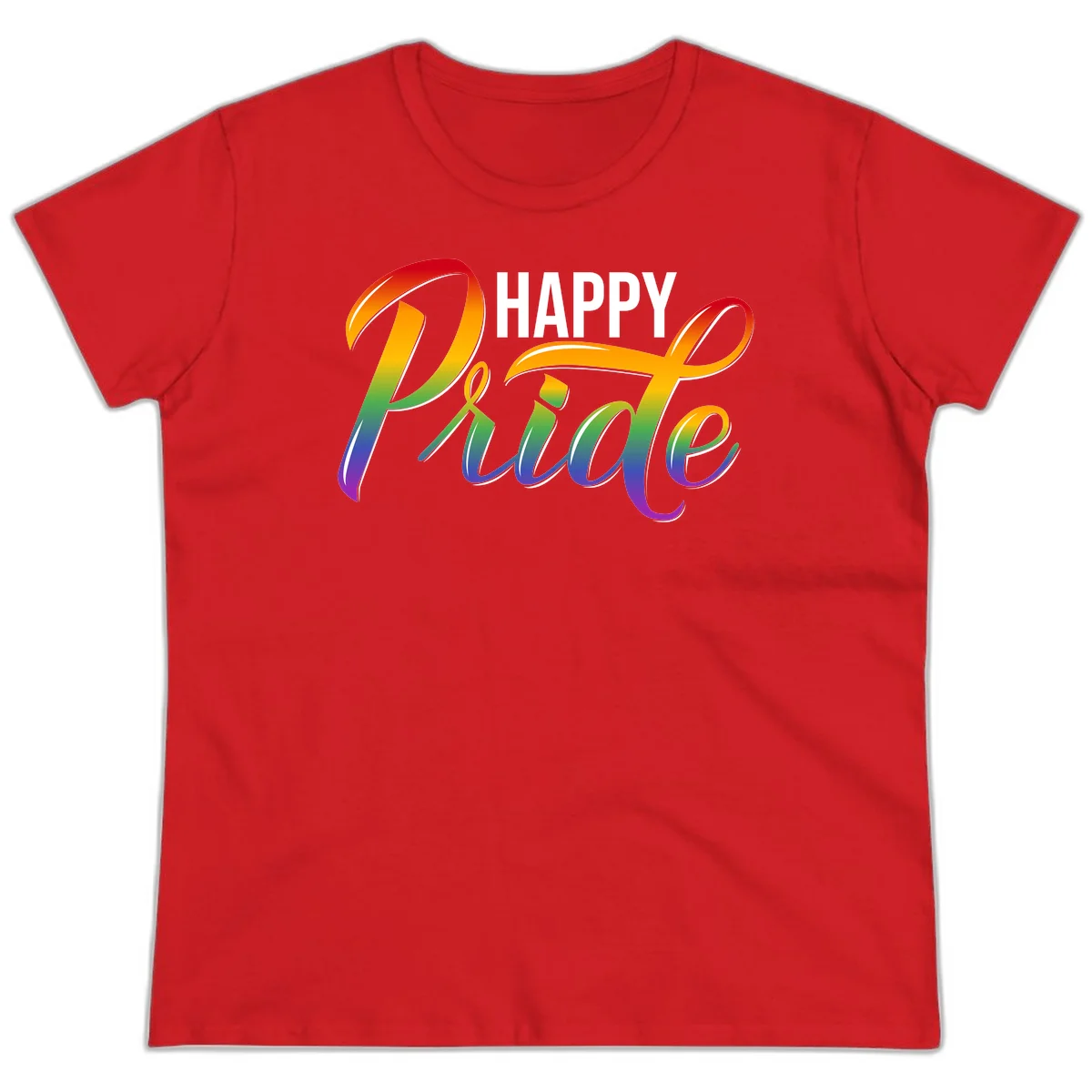 Happy Pride rainbow gradient typography design with white outlines on gray background in Red