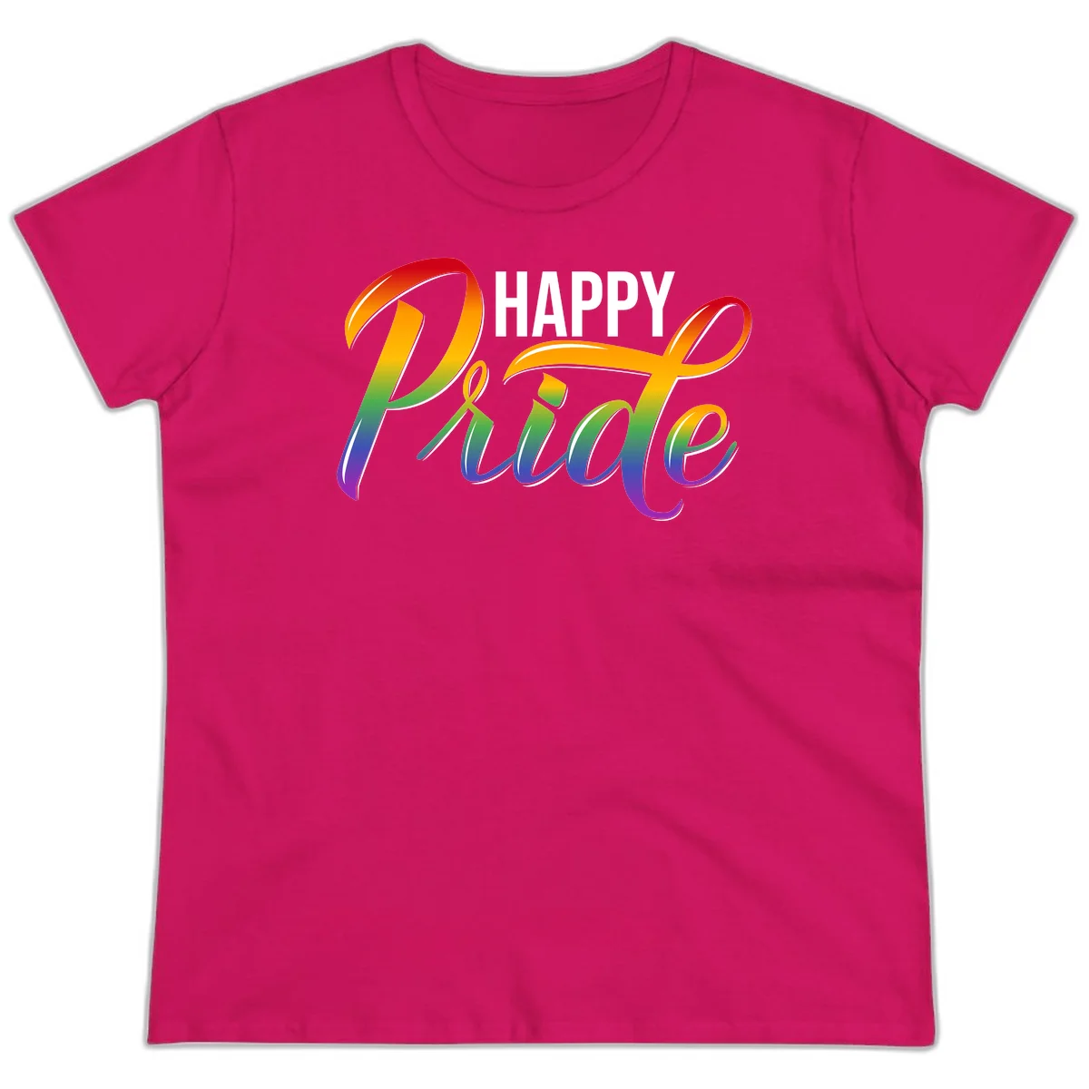 Happy Pride rainbow gradient typography design with white outlines on gray background in Heliconia