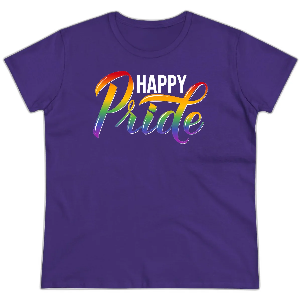 Happy Pride rainbow gradient typography design with white outlines on gray background in Purple