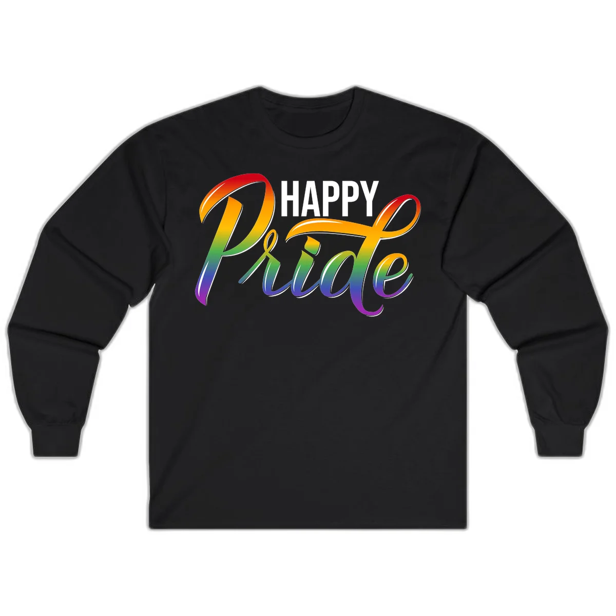 Happy Pride rainbow gradient typography design with white outlines on gray background in Black