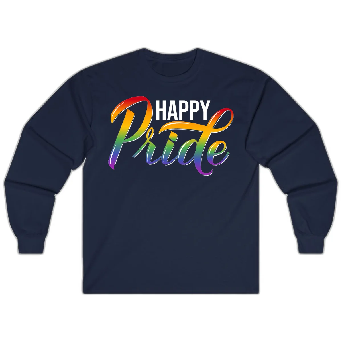 Happy Pride rainbow gradient typography design with white outlines on gray background in Navy