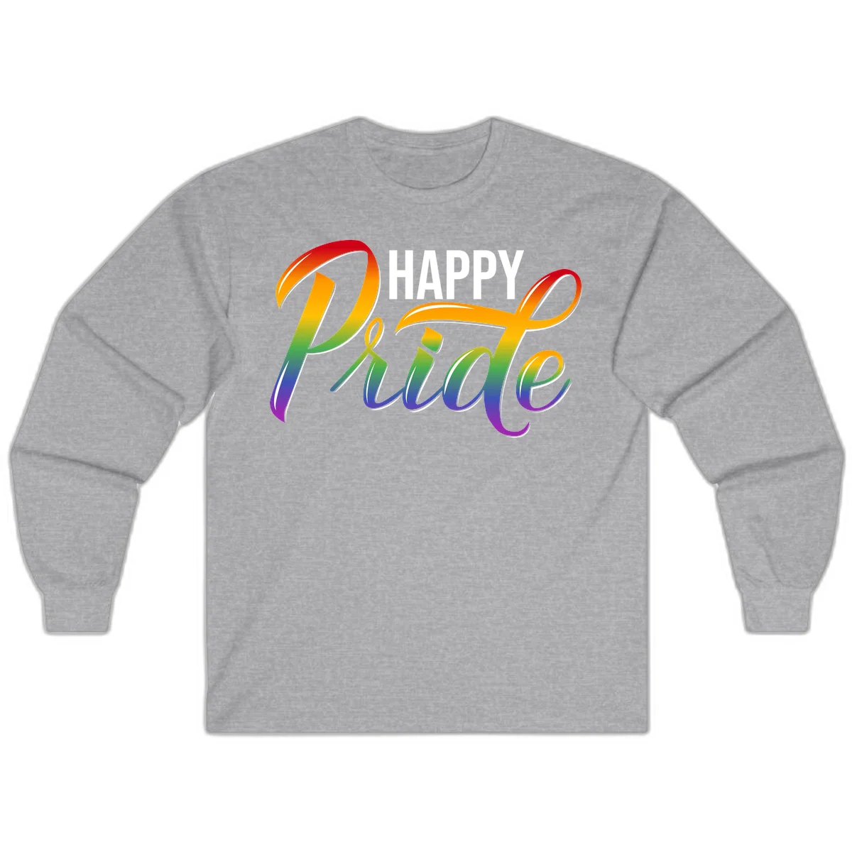 Happy Pride rainbow gradient typography design with white outlines on gray background in Sport Grey