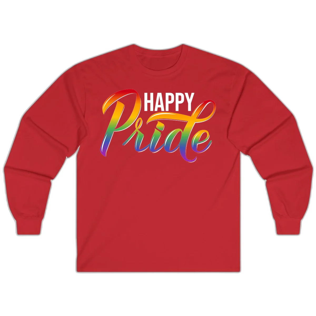 Happy Pride rainbow gradient typography design with white outlines on gray background in Red