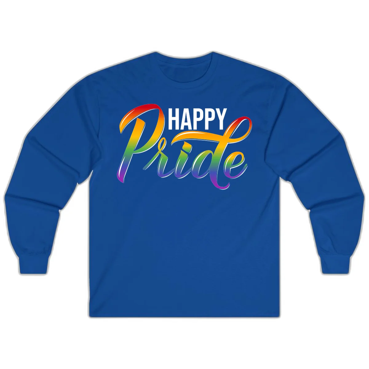 Happy Pride rainbow gradient typography design with white outlines on gray background in Royal