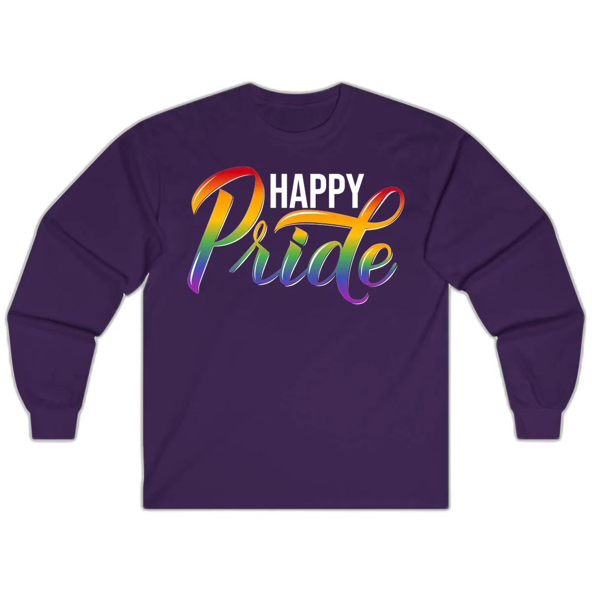 Happy Pride rainbow gradient typography design with white outlines on gray background in Purple