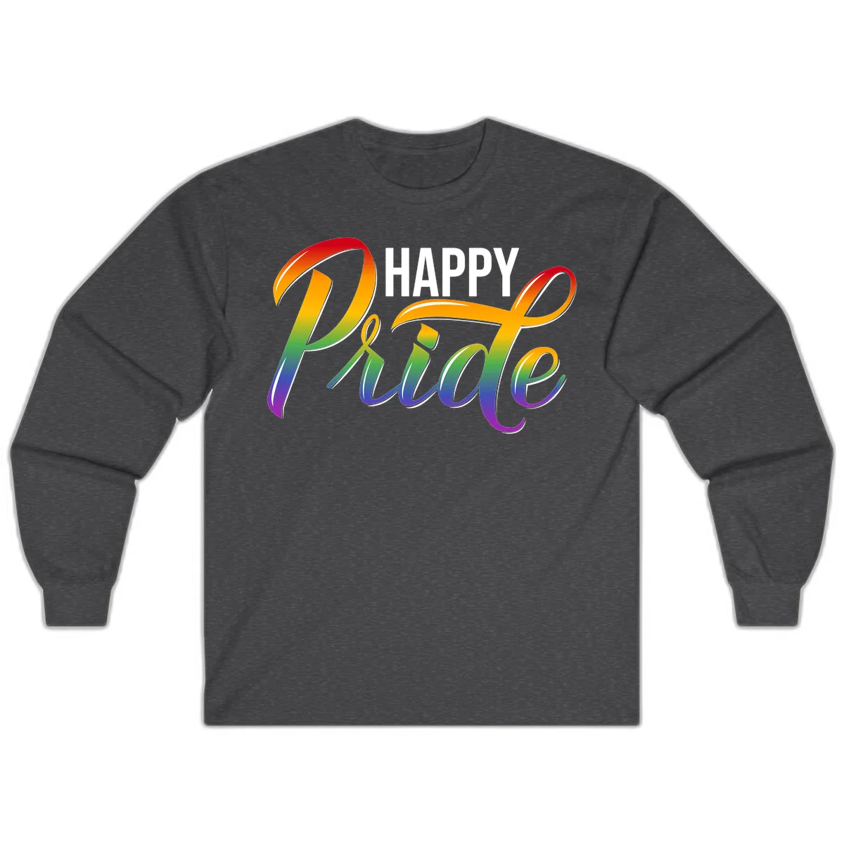 Happy Pride rainbow gradient typography design with white outlines on gray background in Dark Heather