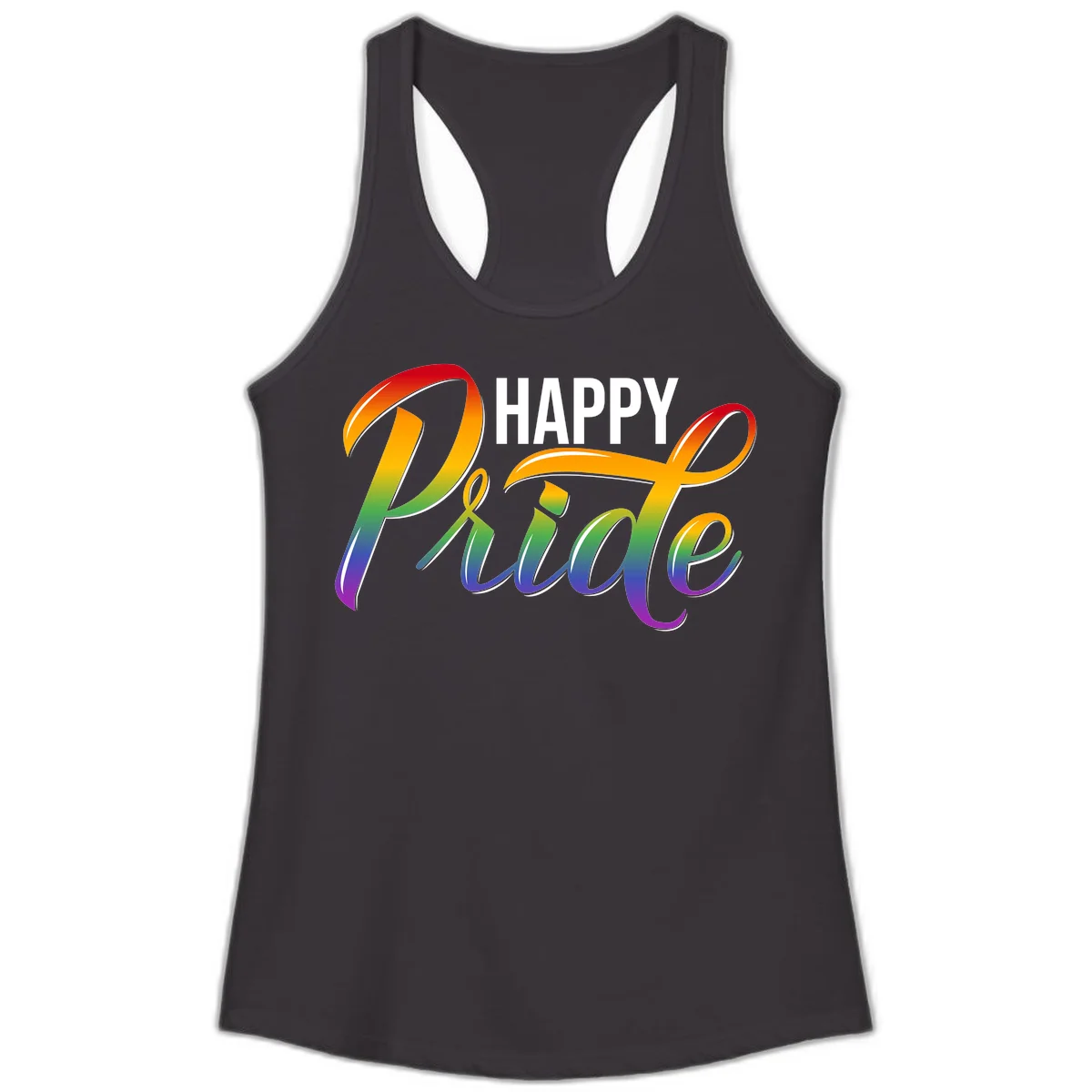 Happy Pride rainbow gradient typography design with white outlines on gray background in Black