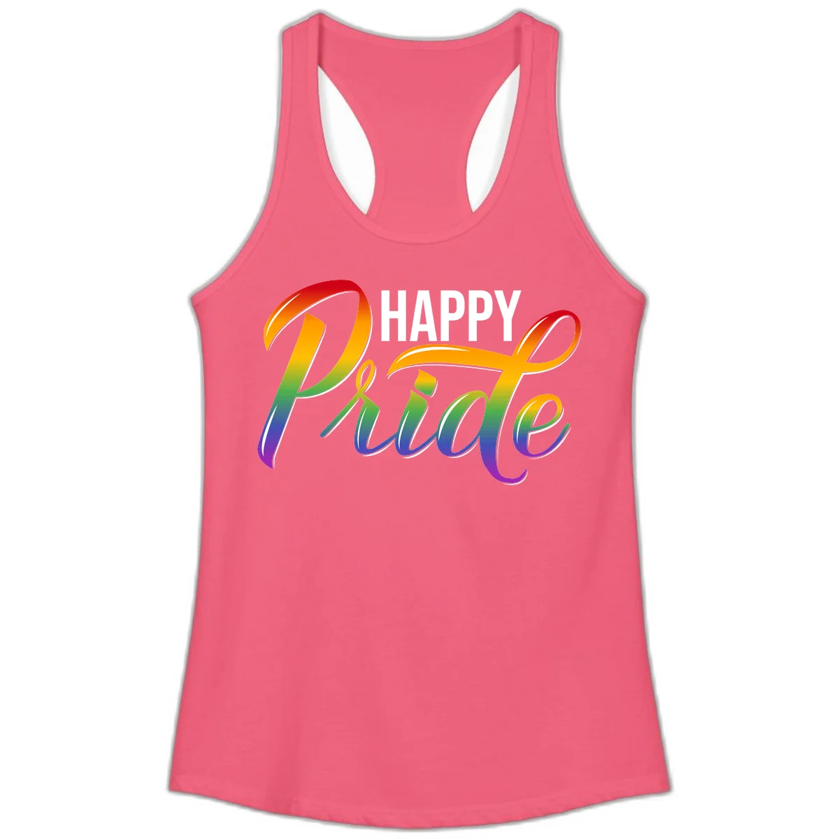 Happy Pride rainbow gradient typography design with white outlines on gray background in Hot Pink