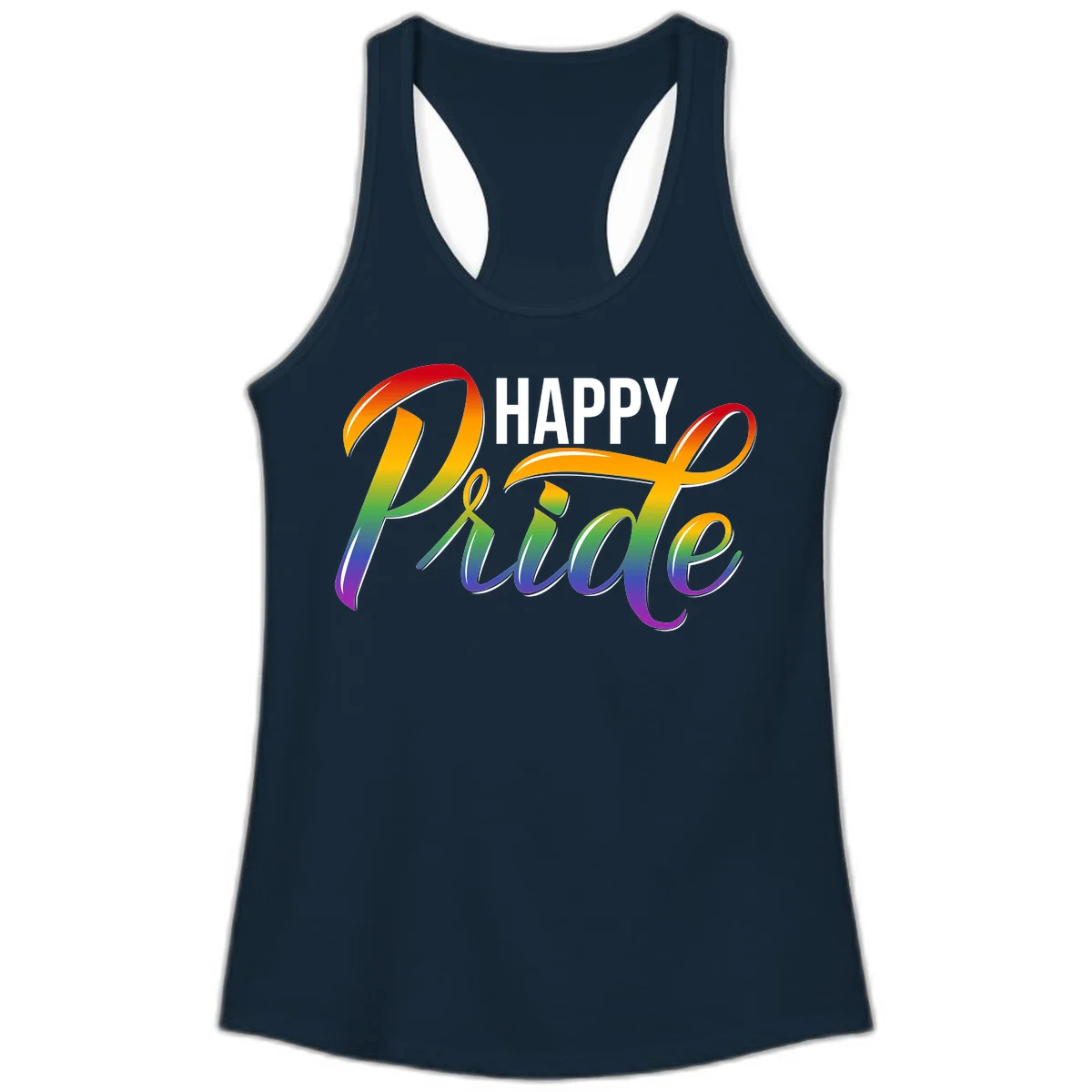 Happy Pride rainbow gradient typography design with white outlines on gray background in Solid Midnight Navy