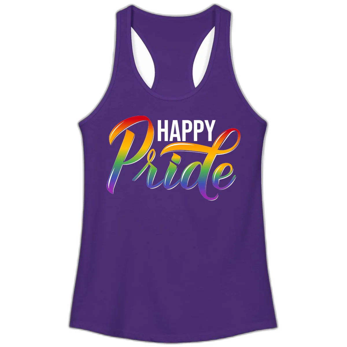 Happy Pride rainbow gradient typography design with white outlines on gray background in Solid Purple Rush