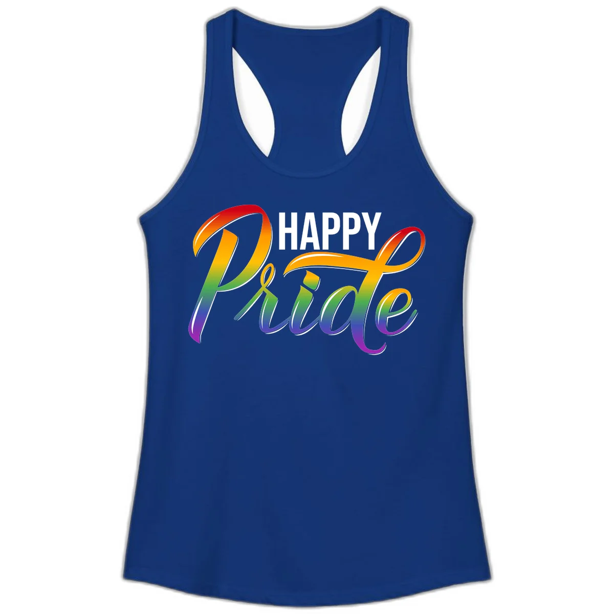 Happy Pride rainbow gradient typography design with white outlines on gray background in Solid Royal