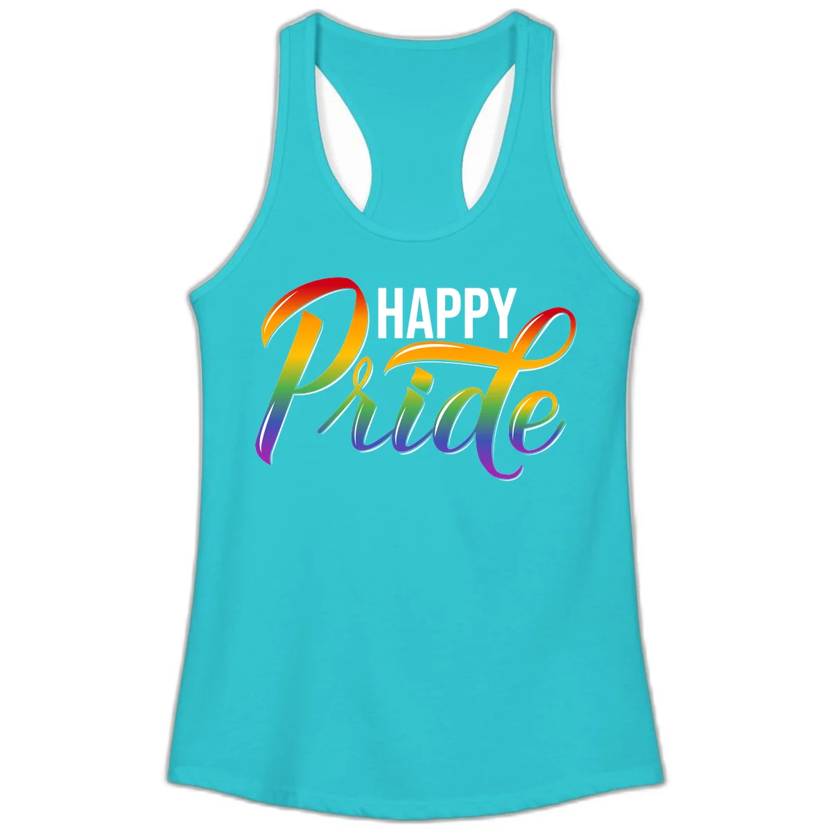 Happy Pride rainbow gradient typography design with white outlines on gray background in Solid Tahiti Blue