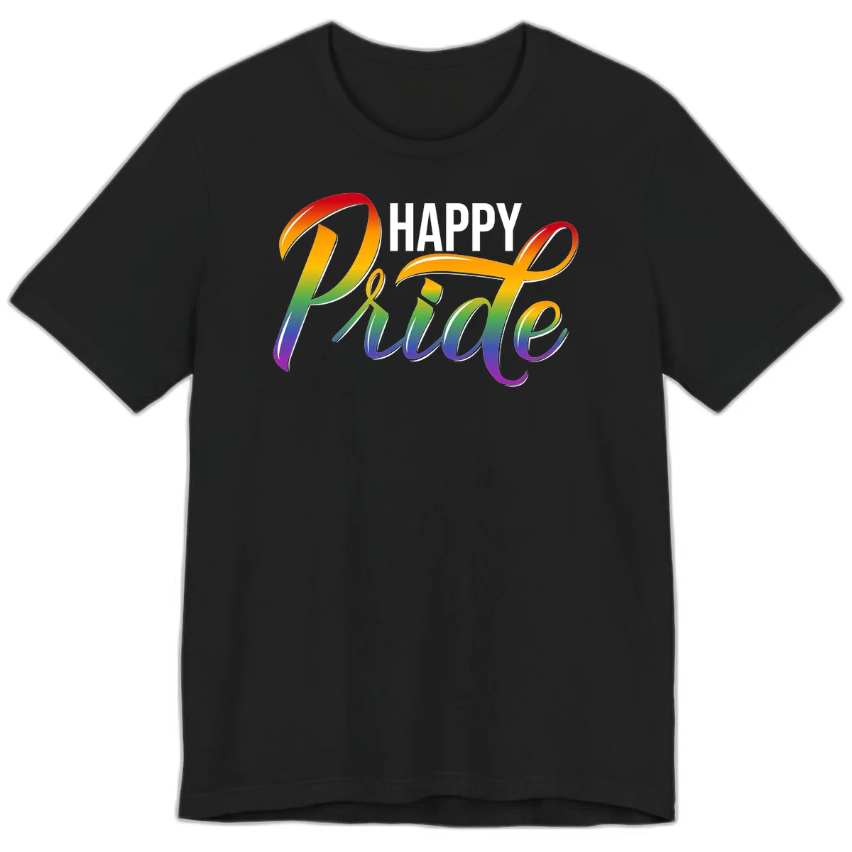 Happy Pride rainbow gradient typography design with white outlines on gray background in Black