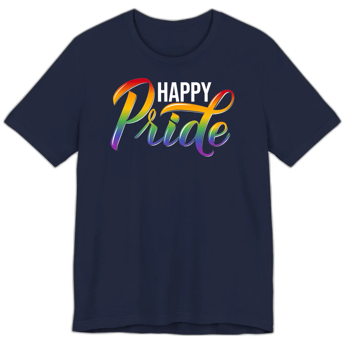 Happy Pride rainbow gradient typography design with white outlines on gray background in Navy