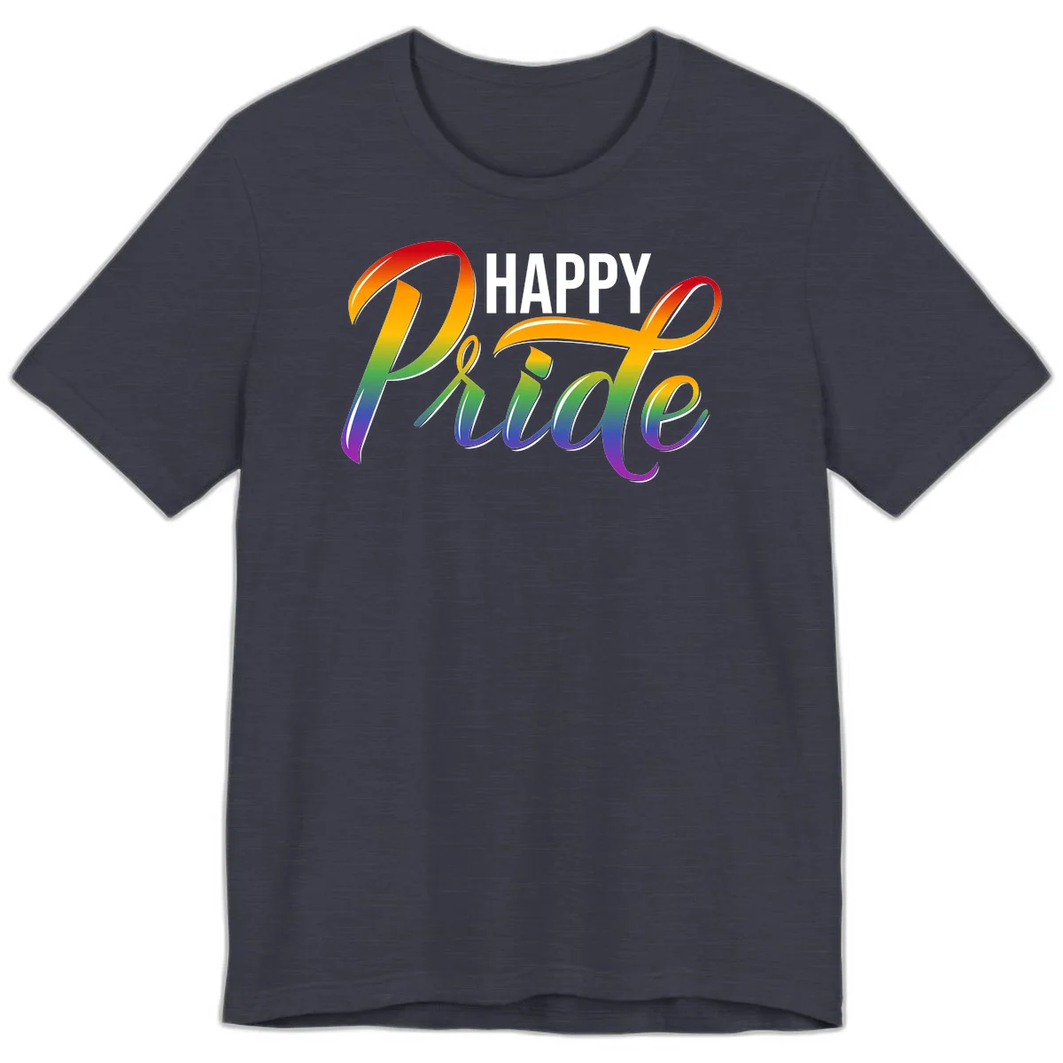 Happy Pride rainbow gradient typography design with white outlines on gray background in Heather Midnight Navy