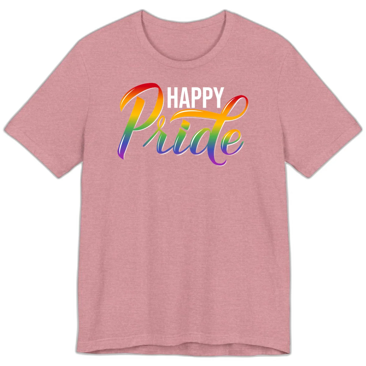 Happy Pride rainbow gradient typography design with white outlines on gray background in Heather Orchid