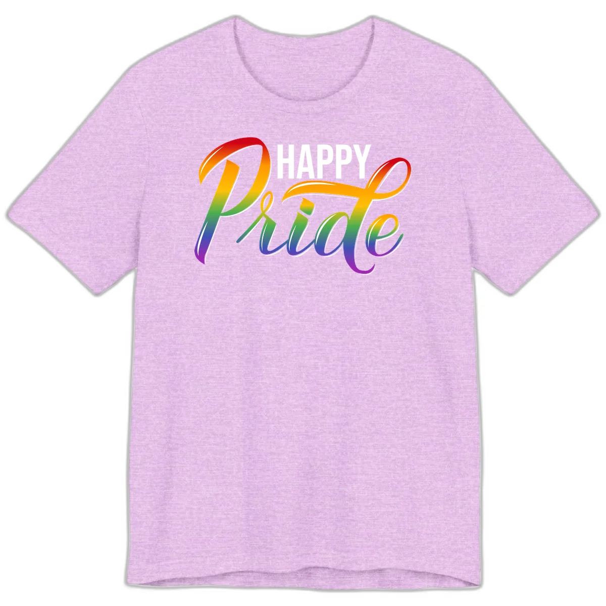 Happy Pride rainbow gradient typography design with white outlines on gray background in Heather Prism Lilac