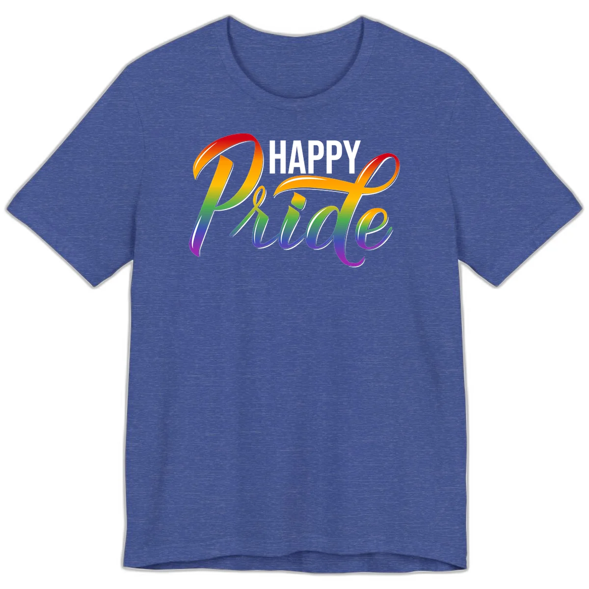 Happy Pride rainbow gradient typography design with white outlines on gray background in Heather True Royal
