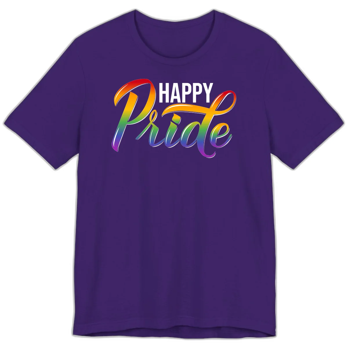 Happy Pride rainbow gradient typography design with white outlines on gray background in Team Purple