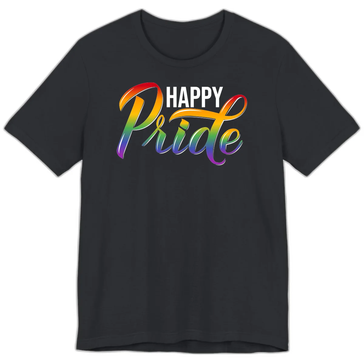 Happy Pride rainbow gradient typography design with white outlines on gray background in Vintage Black