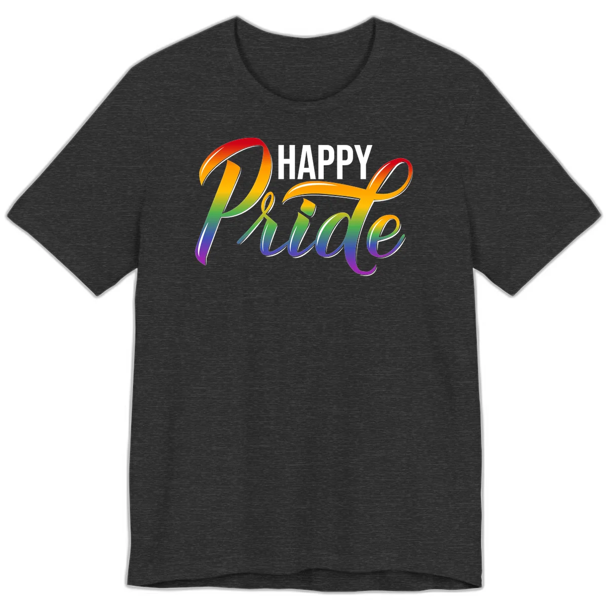 Happy Pride rainbow gradient typography design with white outlines on gray background in Dark Grey Heather