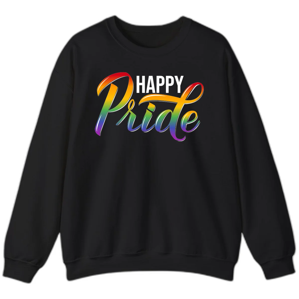 Happy Pride rainbow gradient typography design with white outlines on gray background in Black