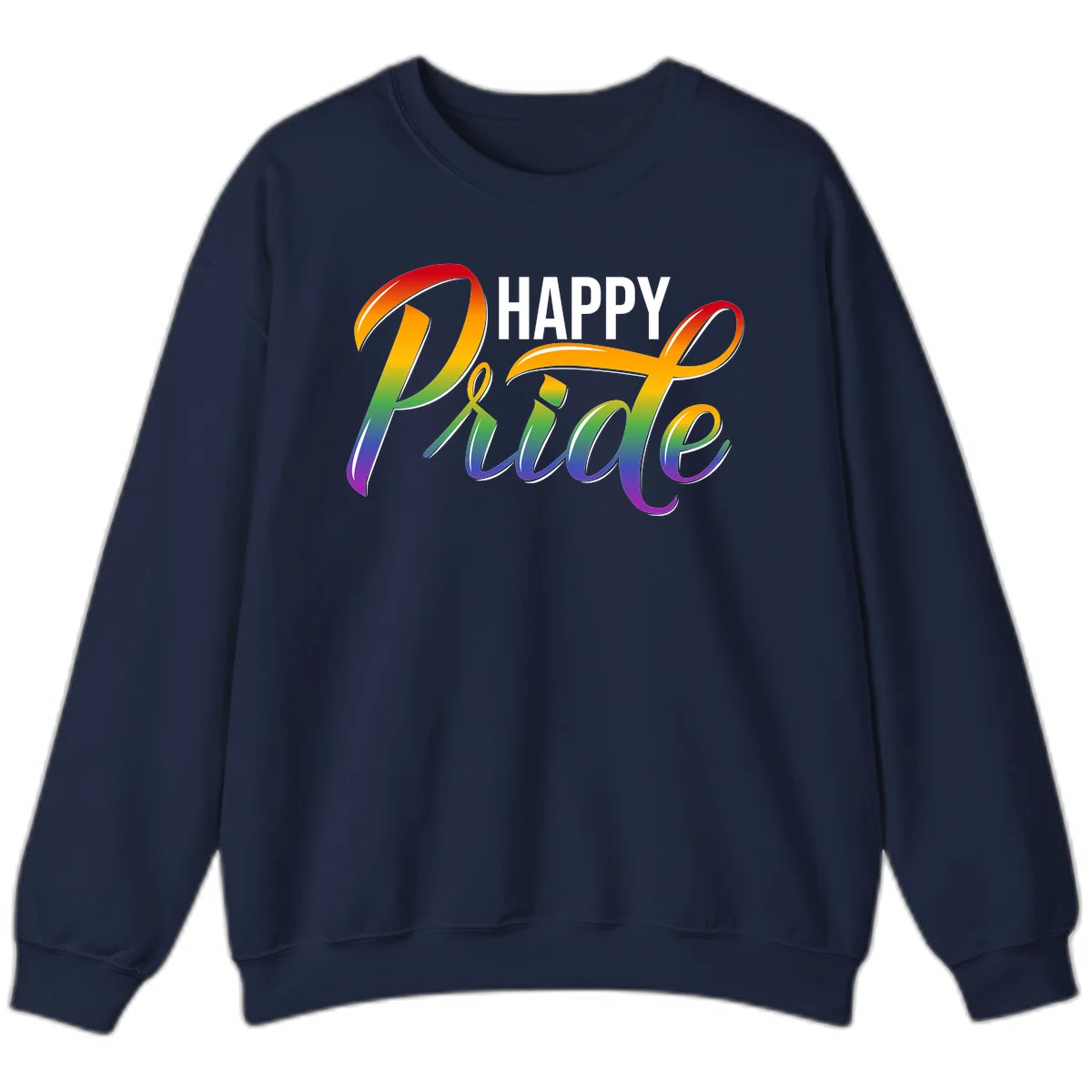Happy Pride rainbow gradient typography design with white outlines on gray background in Navy