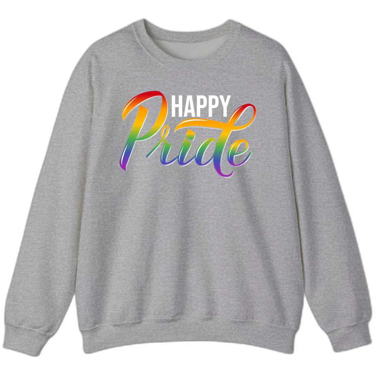 Happy Pride rainbow gradient typography design with white outlines on gray background in Sport Grey
