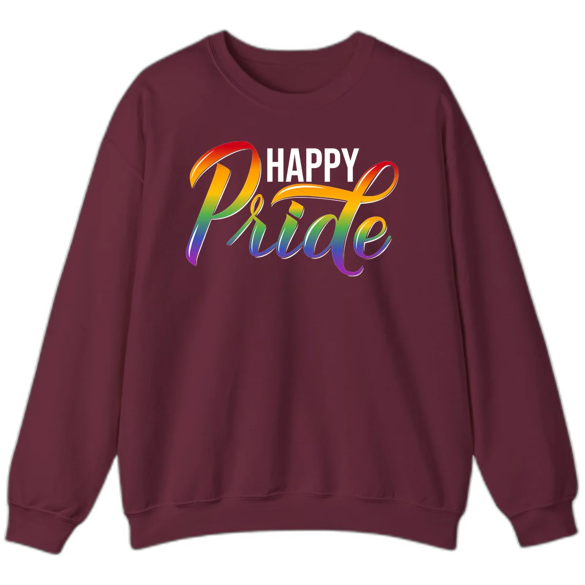 Happy Pride rainbow gradient typography design with white outlines on gray background in Maroon