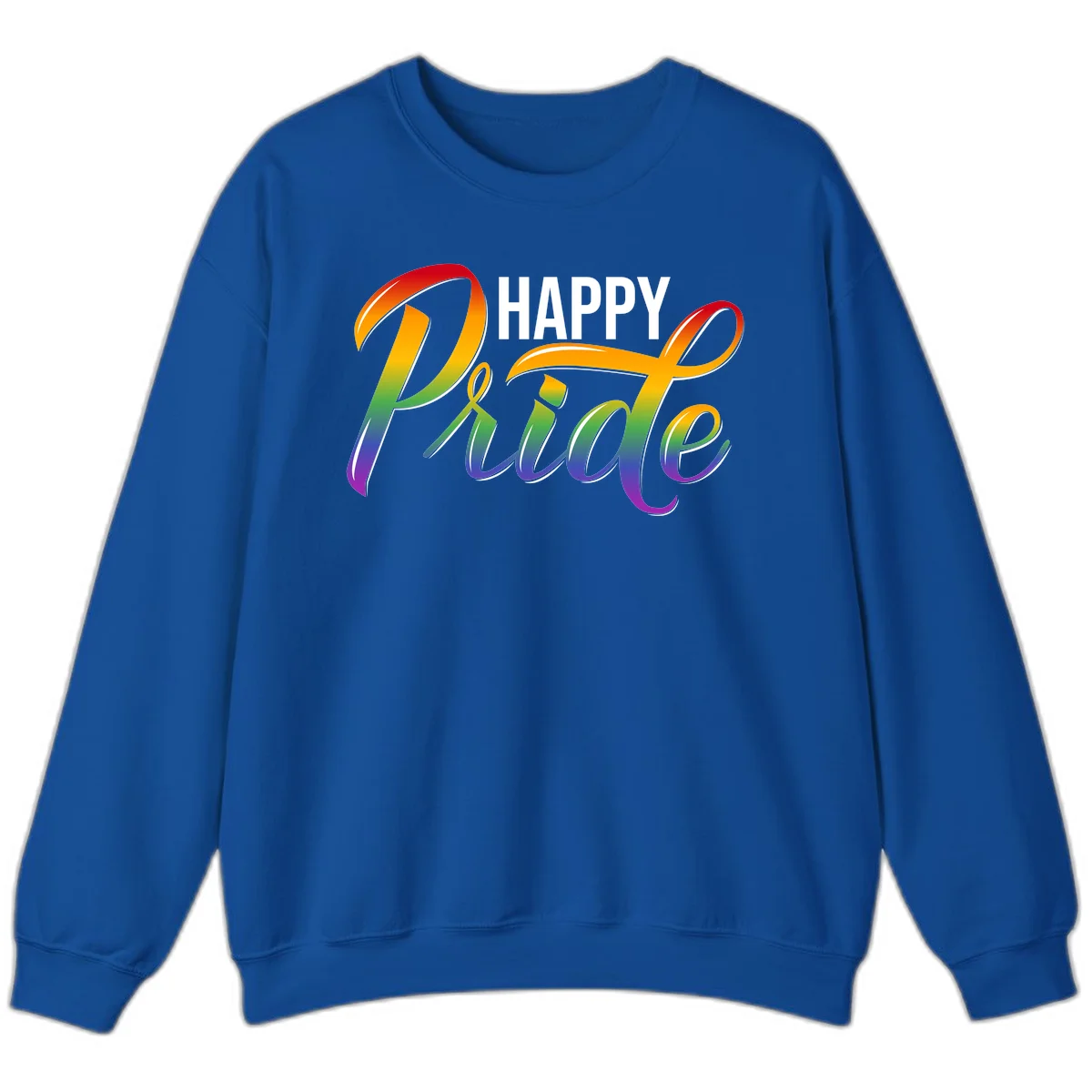 Happy Pride rainbow gradient typography design with white outlines on gray background in Royal
