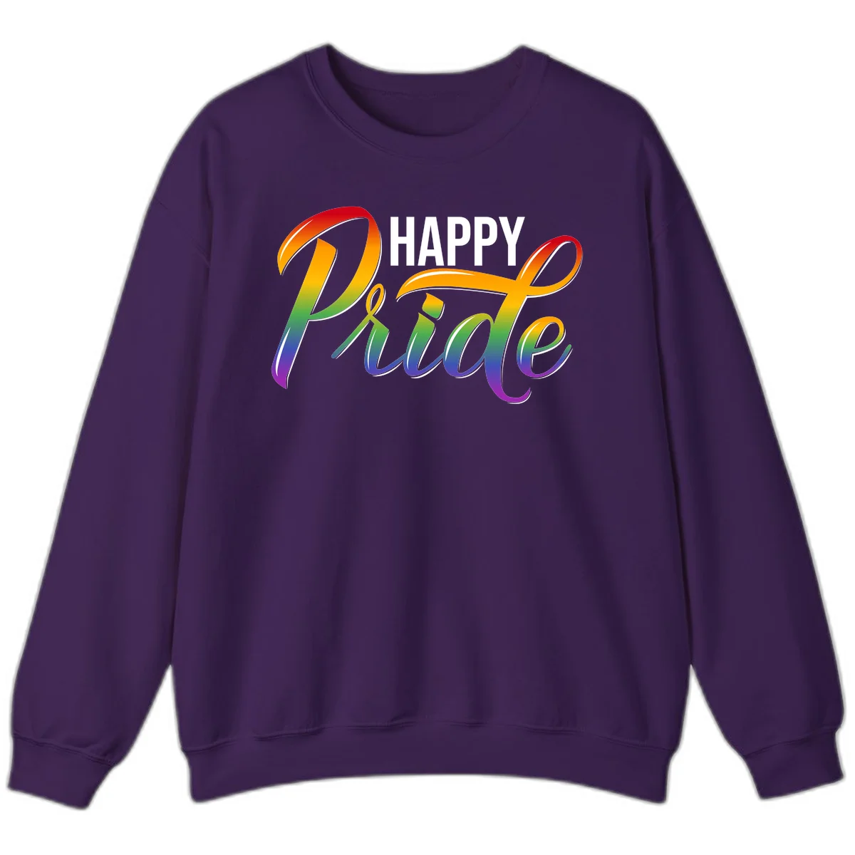 Happy Pride rainbow gradient typography design with white outlines on gray background in Purple