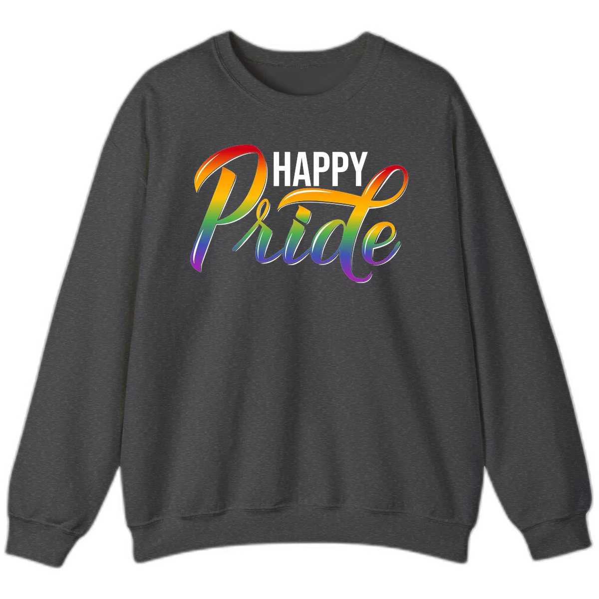 Happy Pride rainbow gradient typography design with white outlines on gray background in Dark Heather