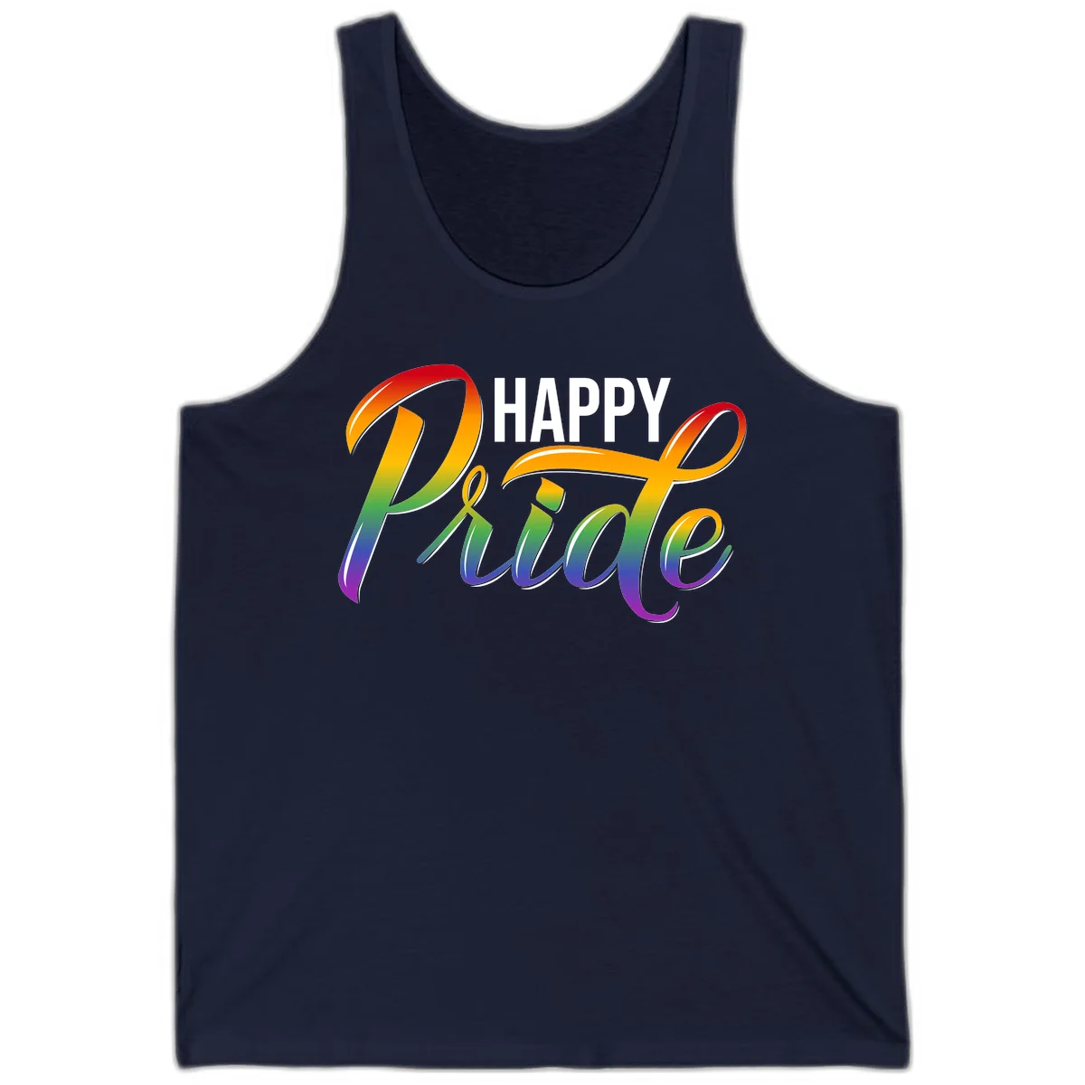 Happy Pride rainbow gradient typography design with white outlines on gray background in Navy