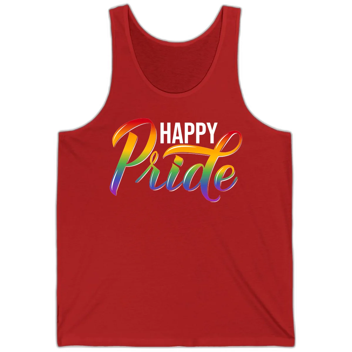 Happy Pride rainbow gradient typography design with white outlines on gray background in Red