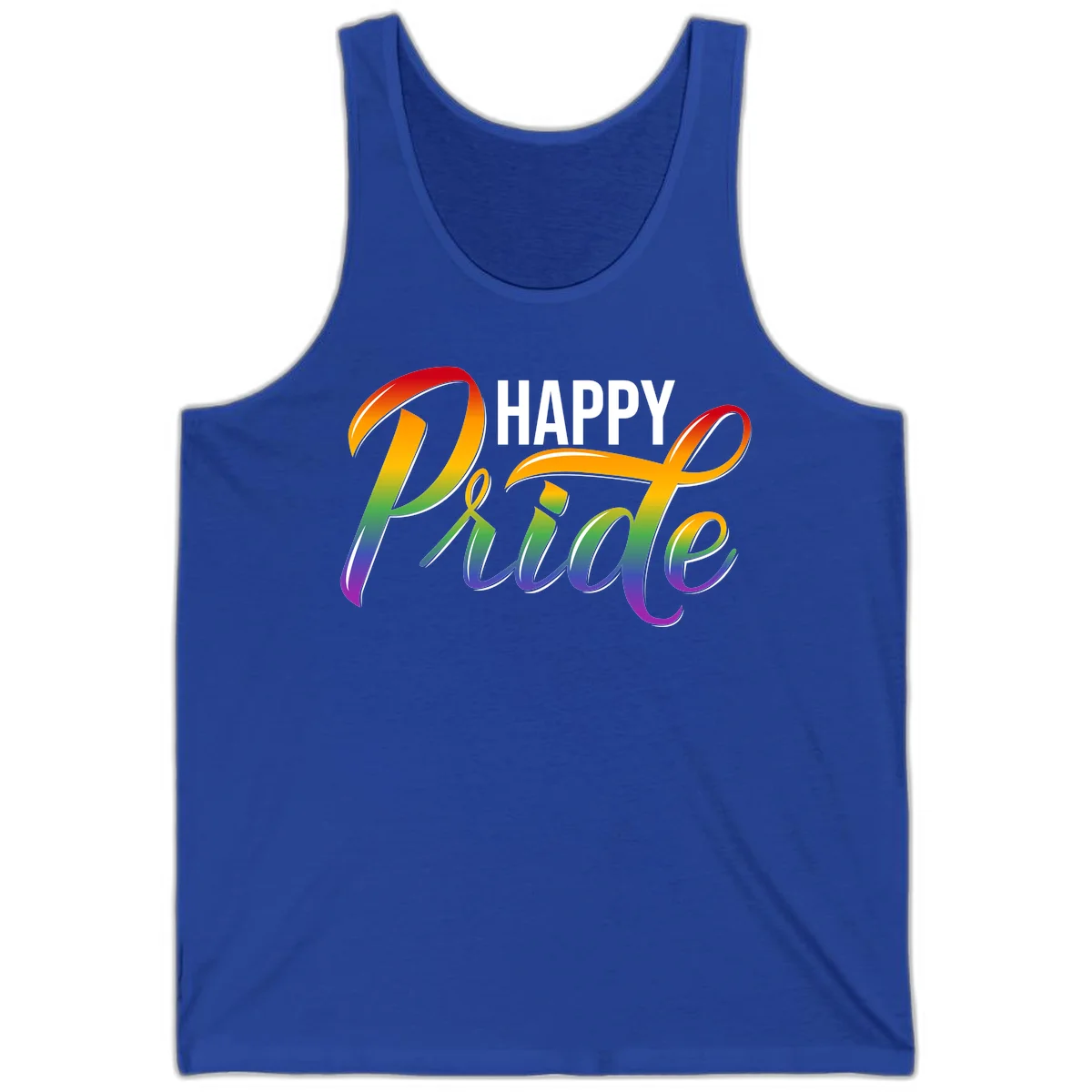 Happy Pride rainbow gradient typography design with white outlines on gray background in True Royal